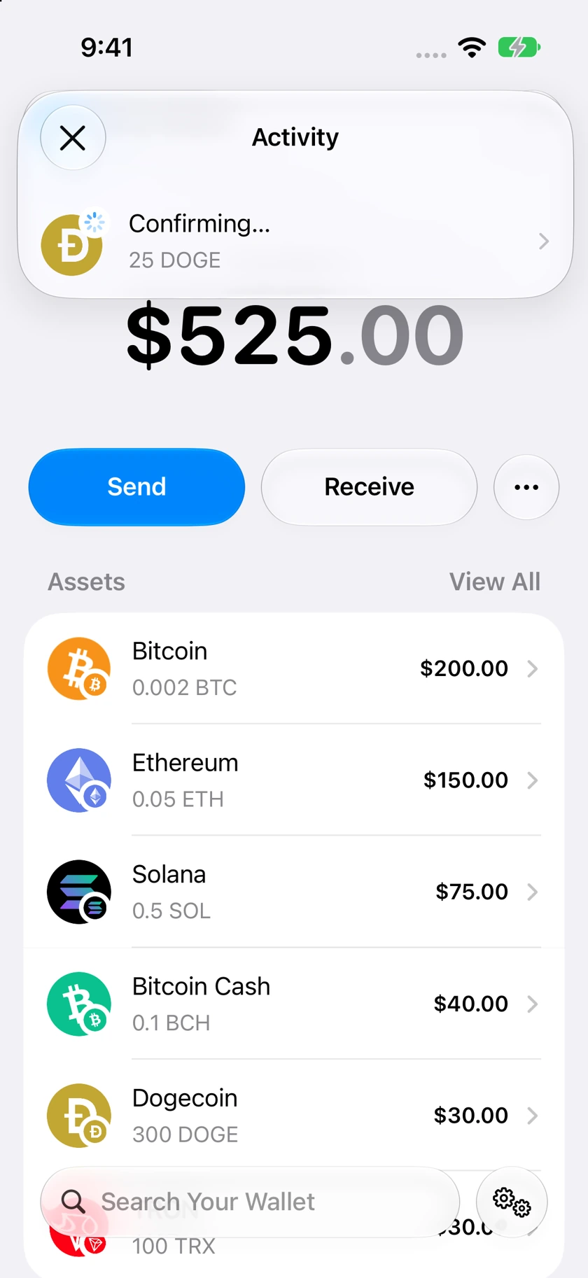 Aperture Activity showing a confirming transaction, amount, status badge, and disclosure arrow.
