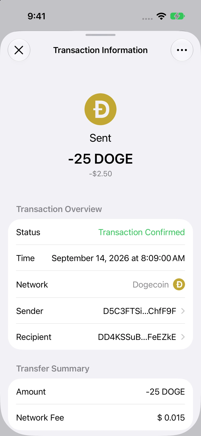 The same transaction details after tapping Amount to display 25 DOGE.