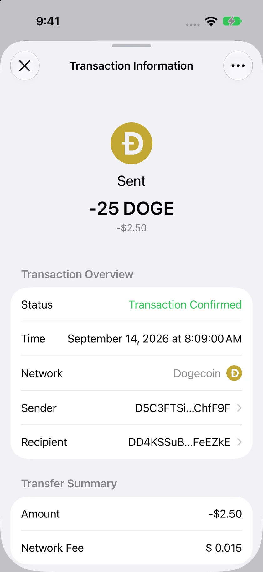 Aperture transaction details with confirmed status and local-currency Amount and Network Fee.